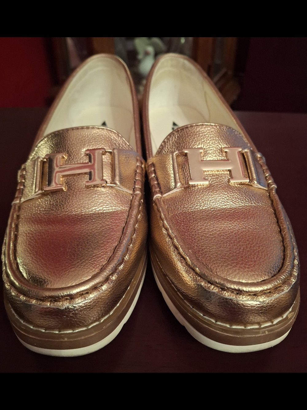 Metallic Rose Gold Loafers with H Hardware - Women
